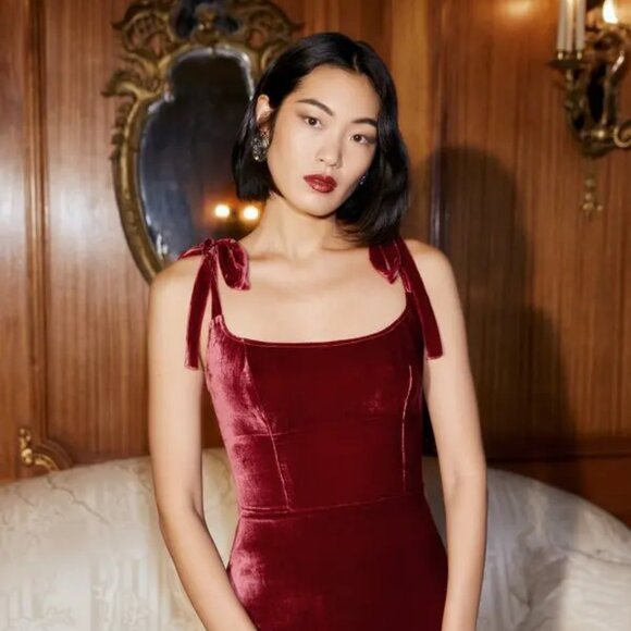 Reformation Minna Red Velvet Dress Sz 12 - Picture 1 of 6